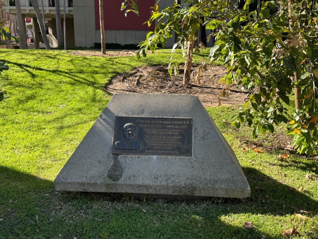 A plaque memorializing Chavez sits in Founders Park. According to the plaque, Chavez visited USC in 1982, 1985 and 1989.