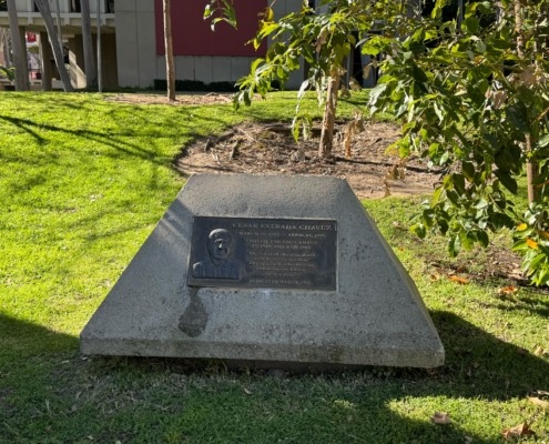 A plaque memorializing Chavez sits in Founders Park. According to the plaque, Chavez visited USC in 1982, 1985 and 1989.