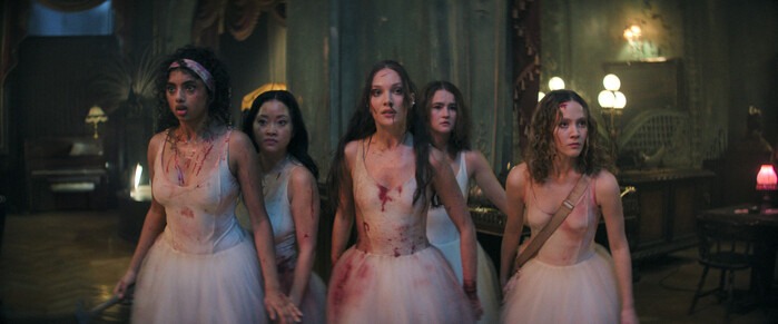 Avantika, Lana Condor, Maddie Ziegler, Millicent Simmonds, and Iris Apator as ballerinas in "Pretty Lethal"