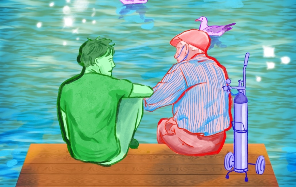 Artwork of a grandfather and a boy sat on a pier.
