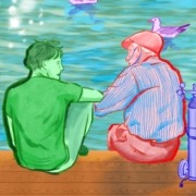 Artwork of a grandfather and a boy sat on a pier.