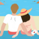 A cartoon man and woman sit together on a beach.
