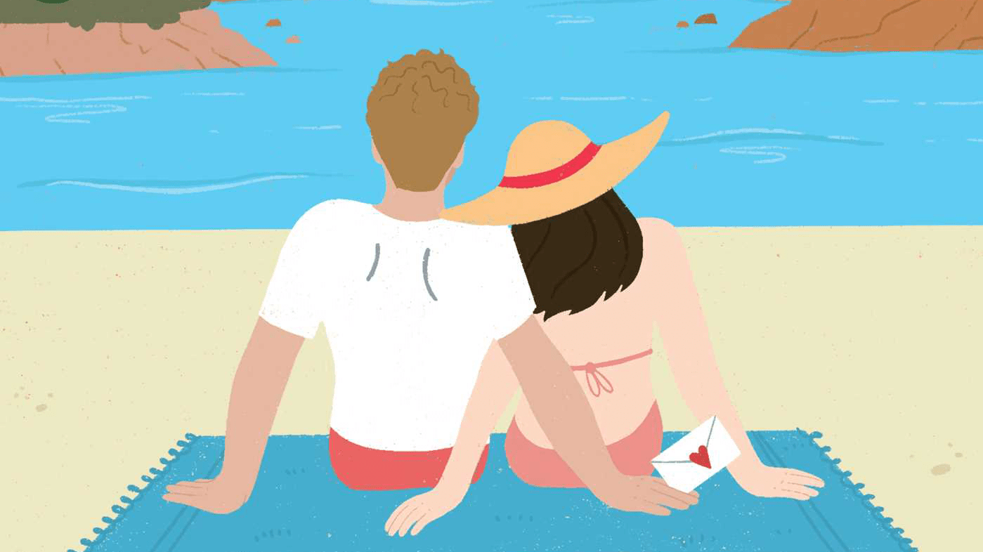 A cartoon man and woman sit together on a beach.