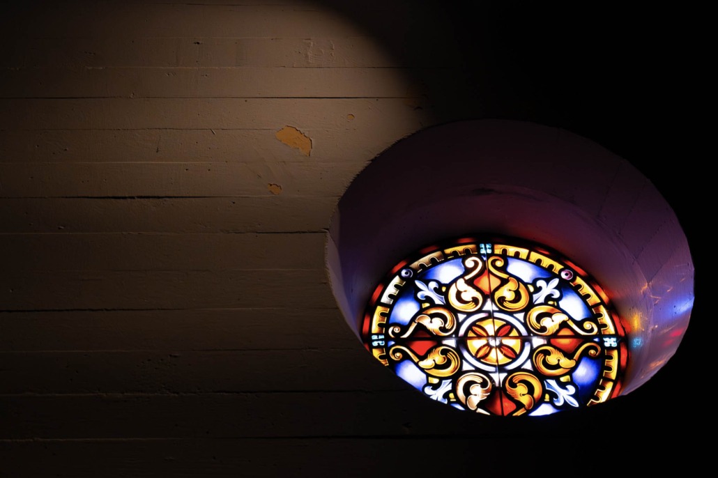 Circular stained glass door at Little Chapel of Silence