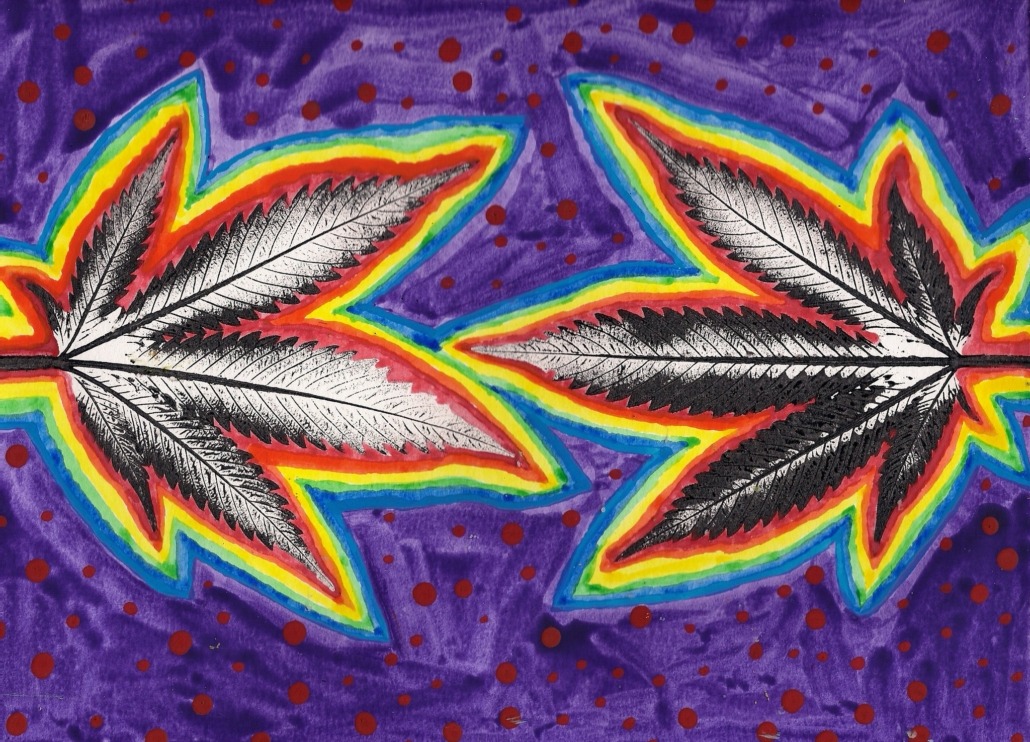 Two cannabis leaves with a rainbow around them