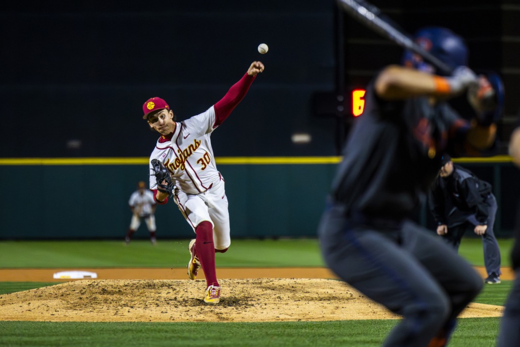 Pitcher Mason Edwards throws a pitch for USC.