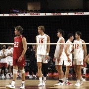 USC men's volleyball gathers in front of the net