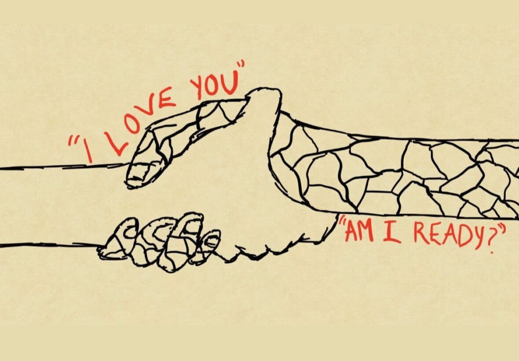 Art with hands holding saying "I love you" and "Am I ready"