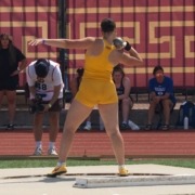 Sophomore thrower Ashley Erasmus throws the ball