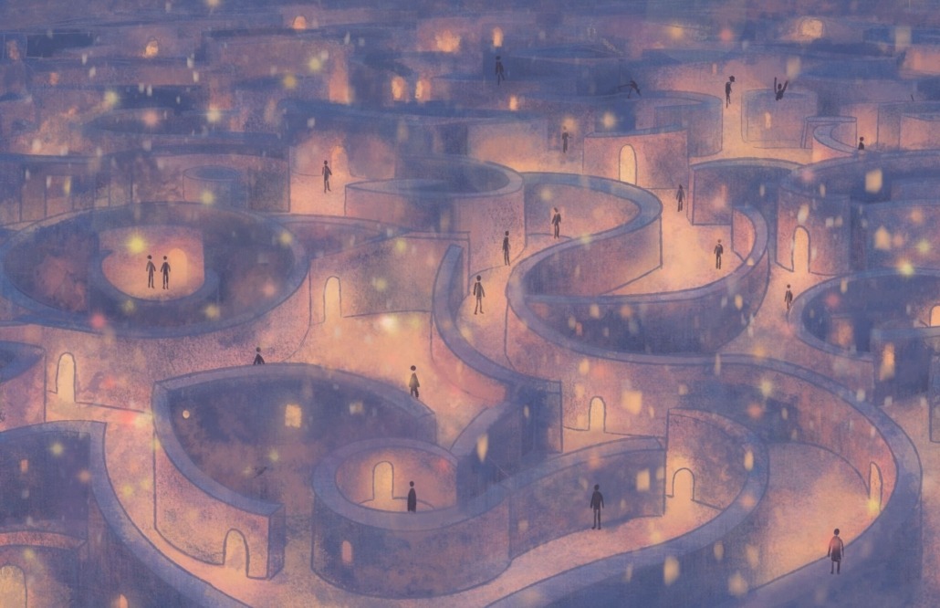 Art with people walking in a memory maze