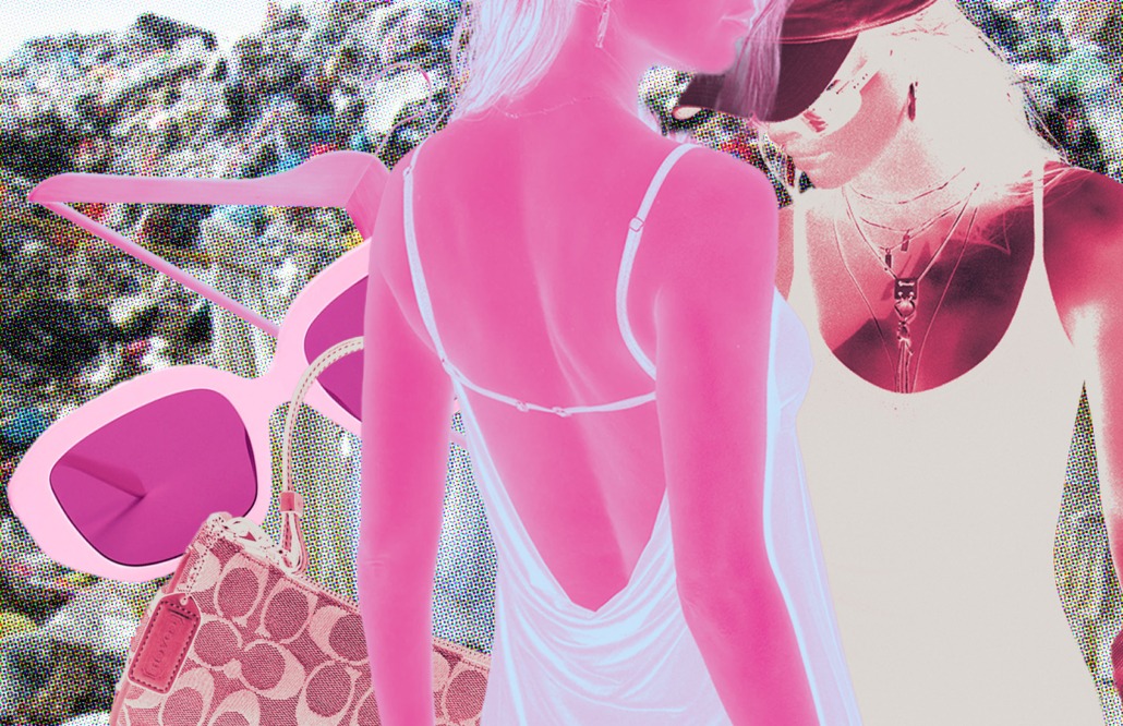 Art showing a women with an open back dress and fashion accessories in the background.