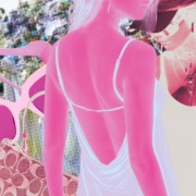 Art showing a women with an open back dress and fashion accessories in the background.