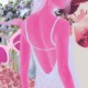 Art showing a women with an open back dress and fashion accessories in the background.