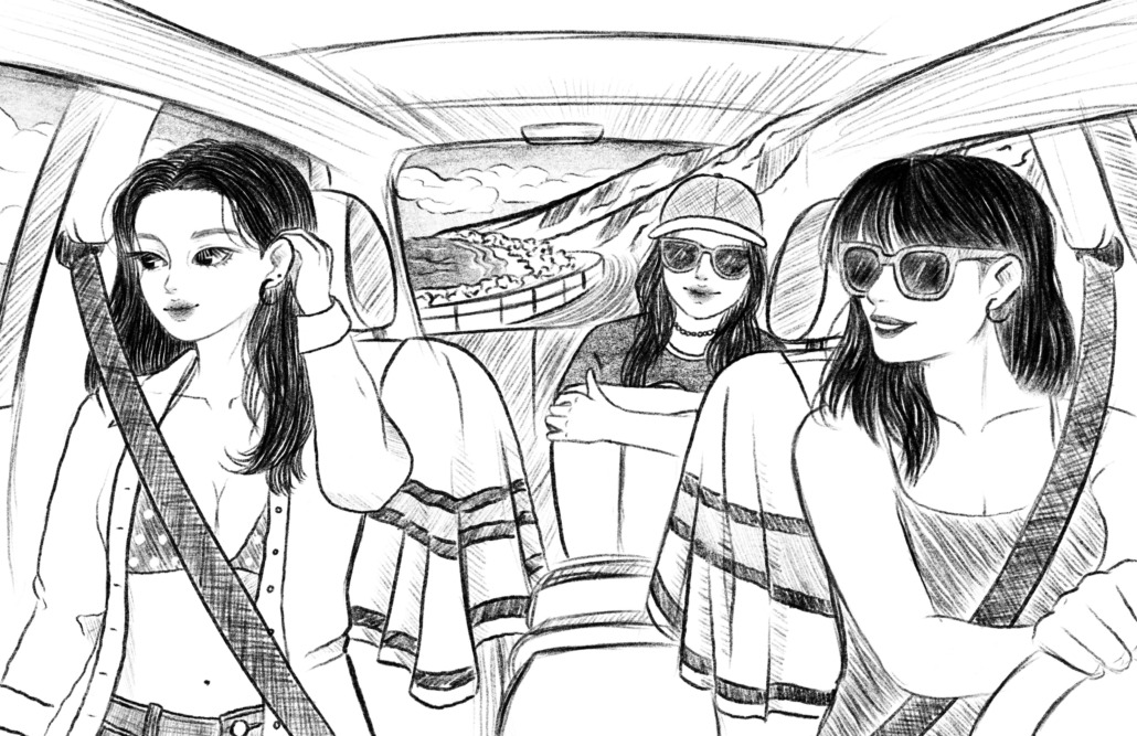 Art of three girls sitting in a car.