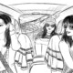 Art of three girls sitting in a car.