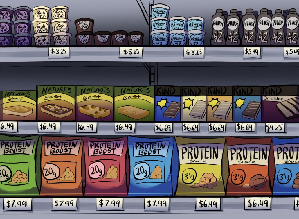 Art of protein products in a grocery store.