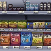 Art of protein products in a grocery store.