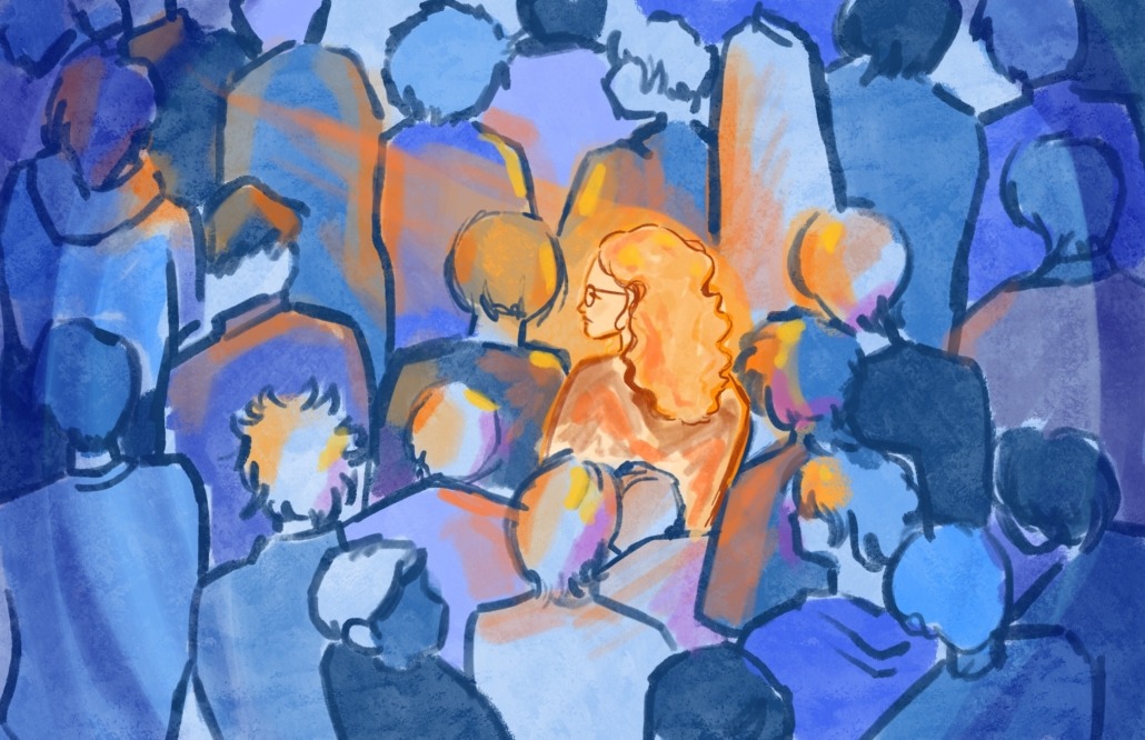 Art of a woman in a crowd of people.