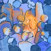 Art of a woman in a crowd of people.