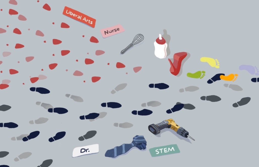 Artwork of blue and red footprints, heels, baby bottle, whisky, tie, drill, and signs saying Dr. STEM, Nurse, and Liberal arts