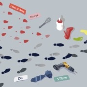 Artwork of blue and red footprints, heels, baby bottle, whisky, tie, drill, and signs saying Dr. STEM, Nurse, and Liberal arts