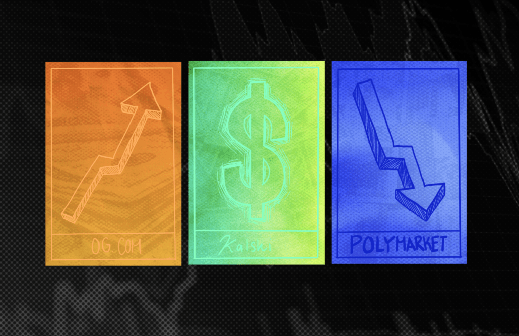 Drawing of different prediction market and betting apps, including Kalshi.