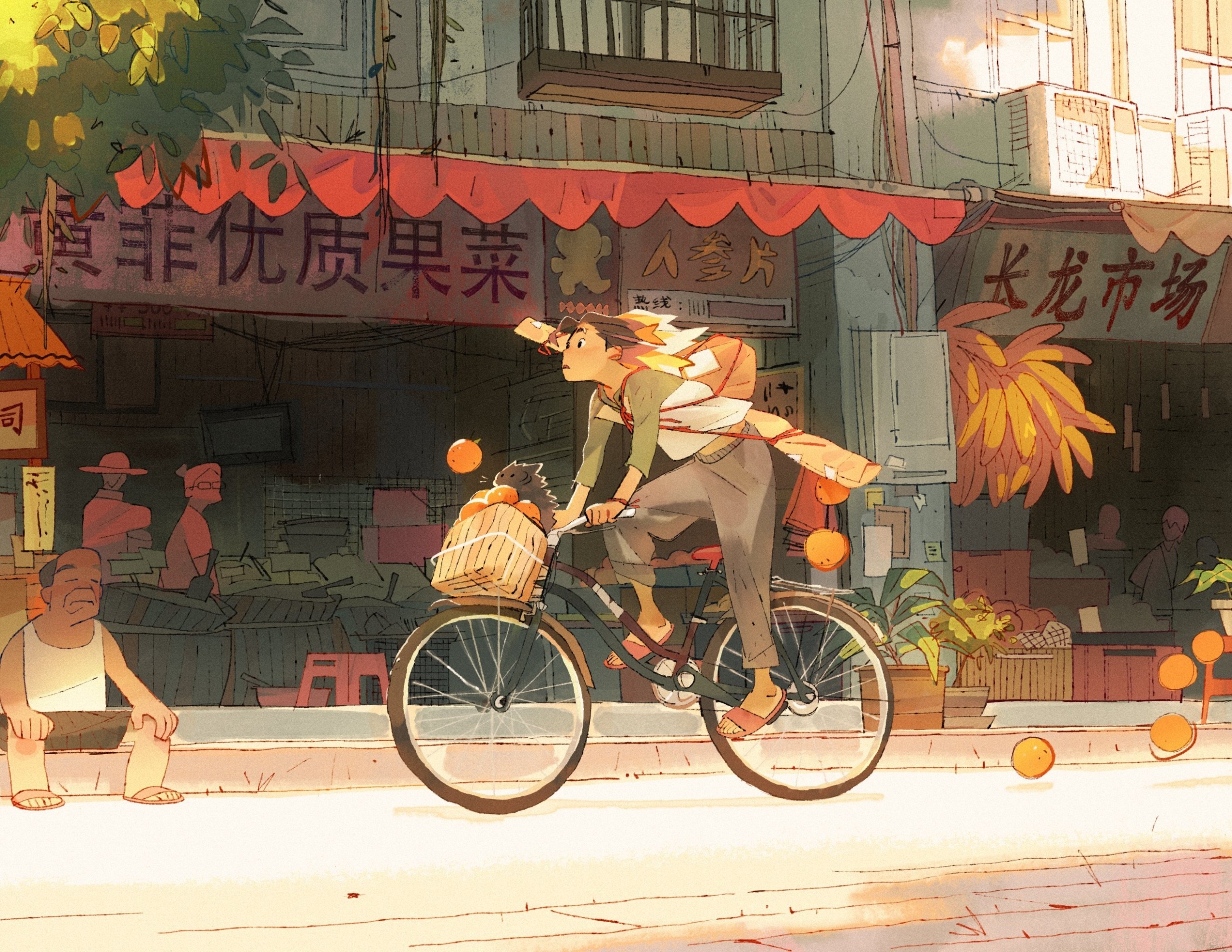 Roo, one of Zhang's characters, rides their bike through their hometown, which is inspired by Zhang's mother's hometown.