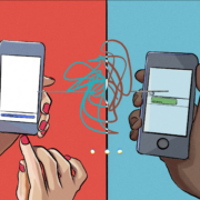 two sets of hands holding phones arguing over text over red and blue background