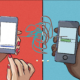 two sets of hands holding phones arguing over text over red and blue background