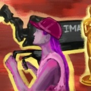 Art depicting a woman directing with an IMAX camera, an Academy Award