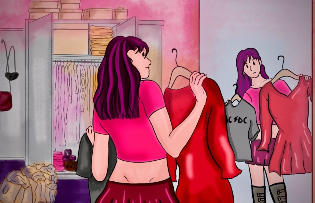 Girl looking in the mirror holding a dress in one hand and a band t-shirt in the other hand.