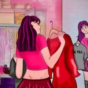 Girl looking in the mirror holding a dress in one hand and a band t-shirt in the other hand.