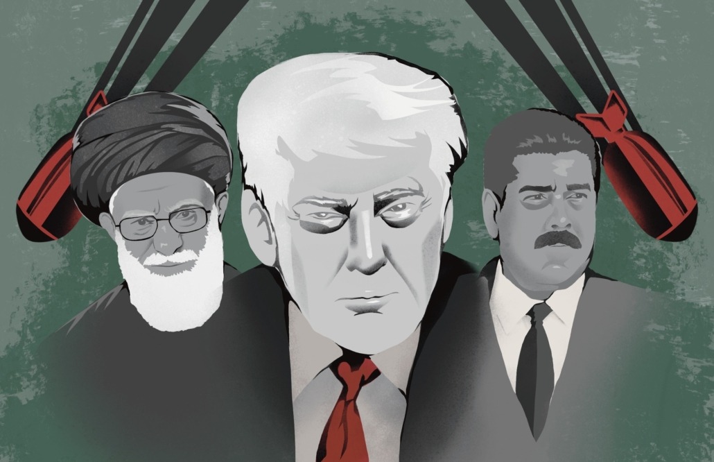 U.S. President Donald Trump standing in the middle of Iran's former supreme leader Ali Khamenei and Venezuela's captured president Nicolas Maduro.