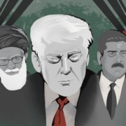 U.S. President Donald Trump standing in the middle of Iran's former supreme leader Ali Khamenei and Venezuela's captured president Nicolas Maduro.