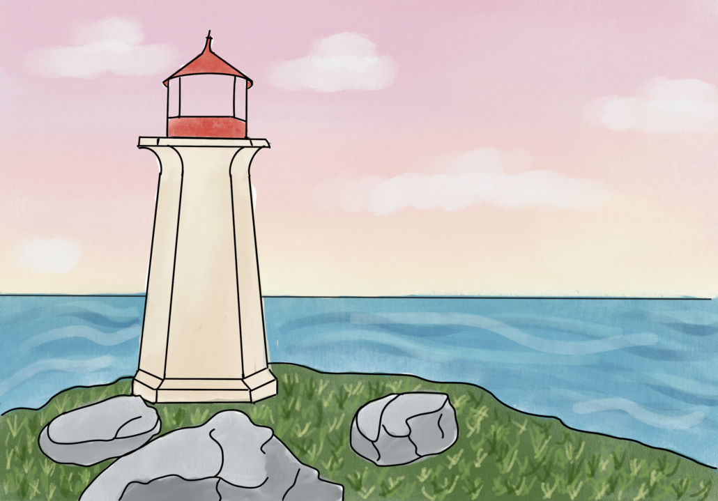 Art of a lighthouse and the ocean.