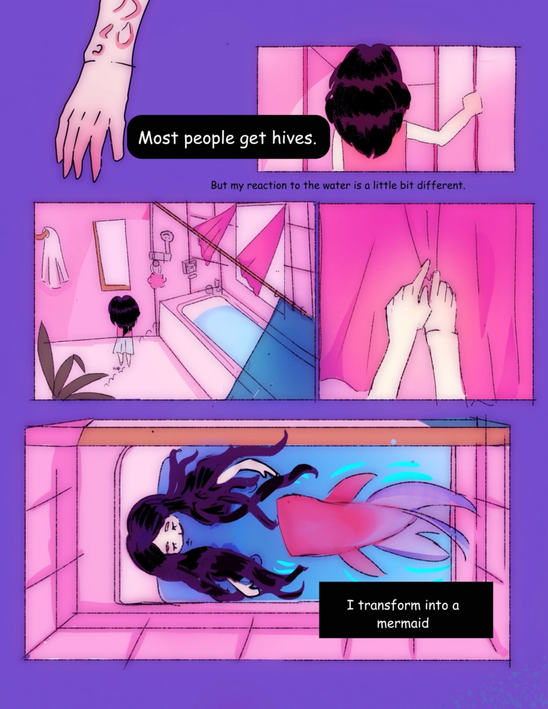 Cartoon of girl turning into a mermaid because of an allergy.