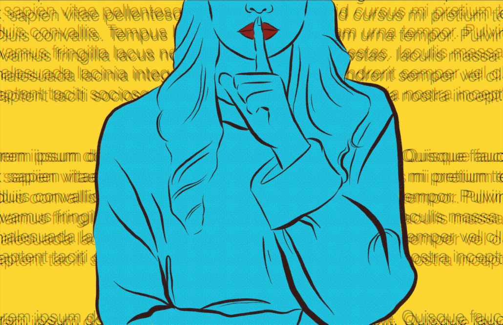 art presenting a women with finger signaling hush with words behind her