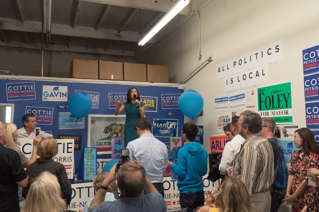 California Governor candidate Gavin Newsom campaigns with Costa Mesa Assembly candidate Cottie Petrie-Norris.