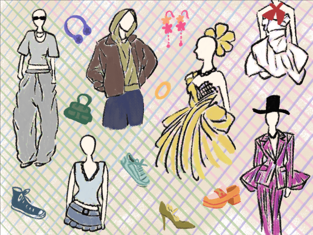 Fashion from different eras on a colorful grid background.