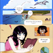 Cartoon of girls playing at the beach, but one is staying by the shore