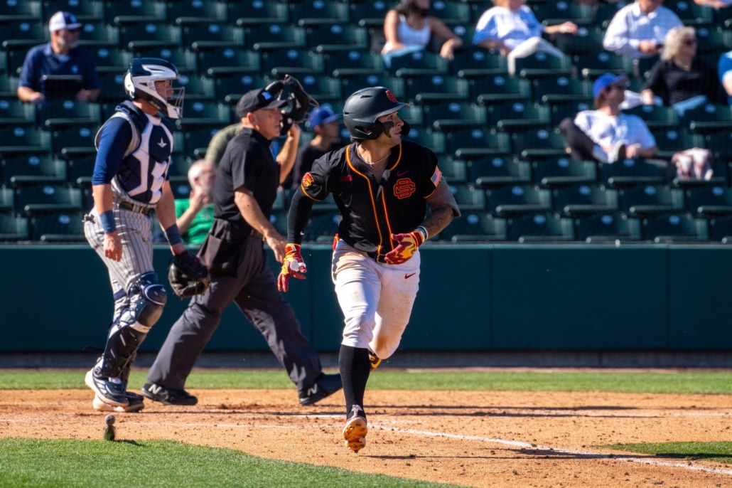 Abbrie Covarrubias runs out of the batter's box