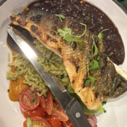 Holbox dish including fish, beans, tomatoes and rice.