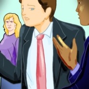Art of man defending himself in front of women.