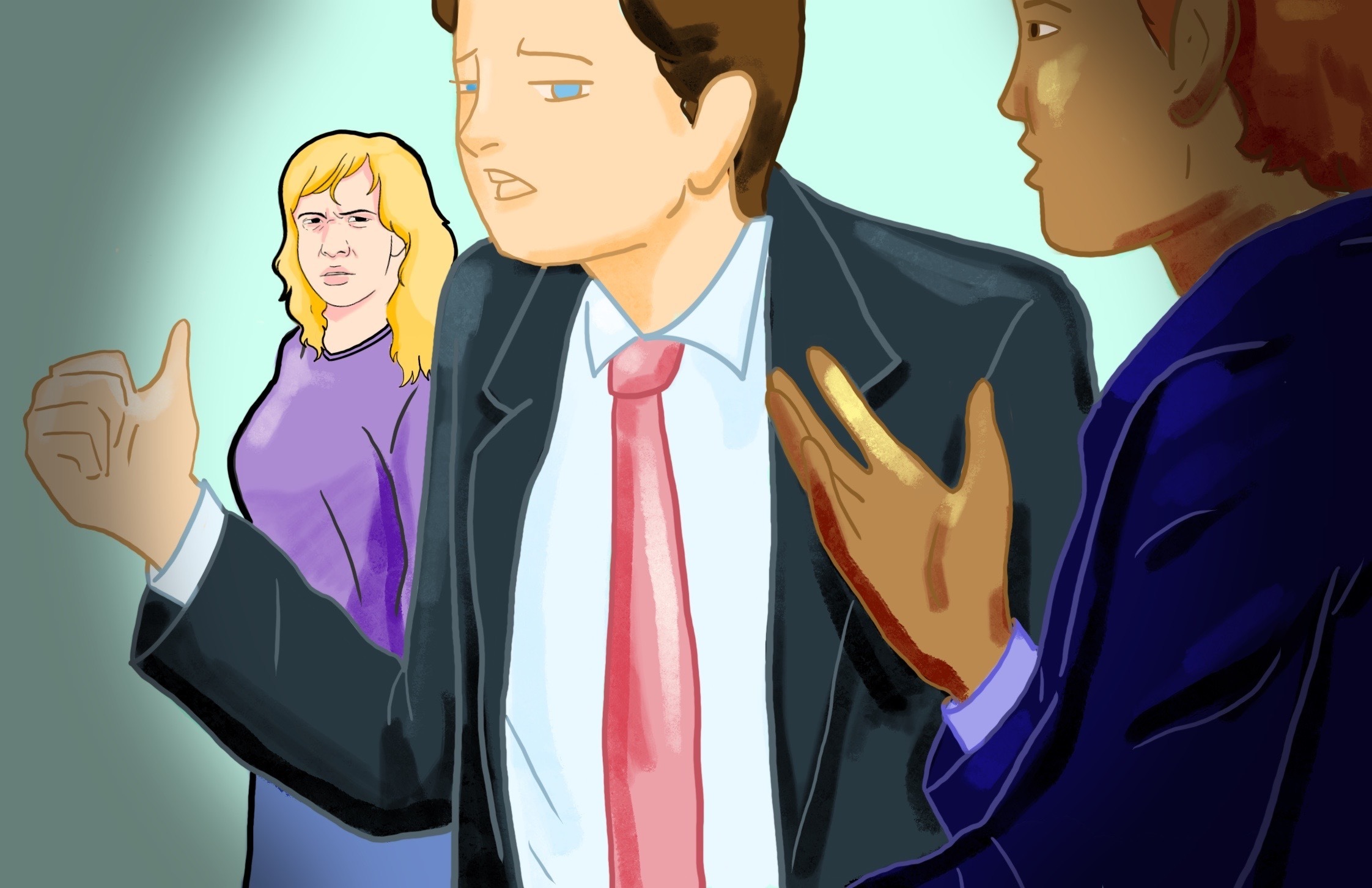 Art of man defending himself in front of women.