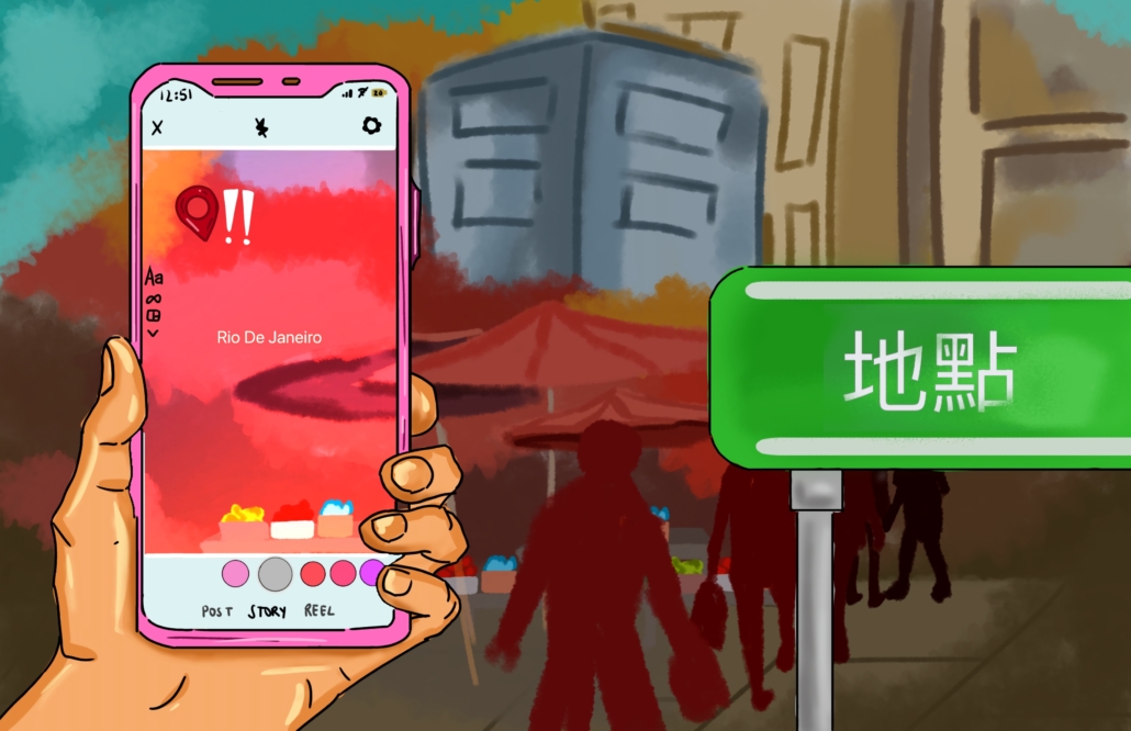 A person holding a phone next to a sign in a foreign language