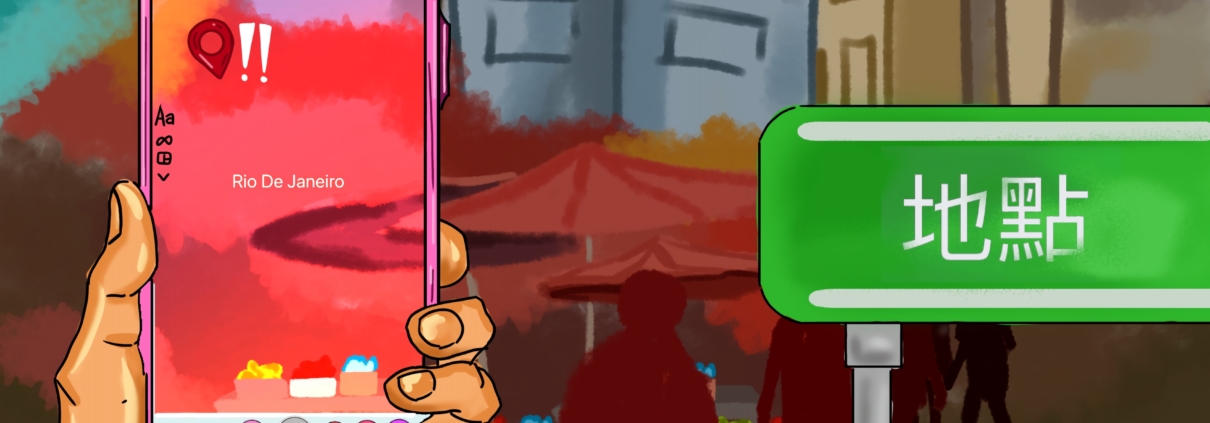 A person holding a phone next to a sign in a foreign language