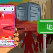 A person holding a phone next to a sign in a foreign language