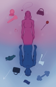 A vertical image with a pink drawing of a woman surrounded by typically feminine activities attached to a blue drawing of a man surrounded by typically masculine activities