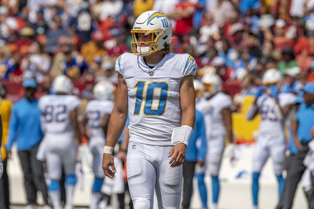 Los Angeles Chargers quarterback Justin Herbert is just 180 passing yards away from 25,000 in his career, and will look to reach that mark in Week One. He is pictured here in a game against the Washington Commanders on Sept. 12, 2021.