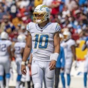 Los Angeles Chargers quarterback Justin Herbert is just 180 passing yards away from 25,000 in his career, and will look to reach that mark in Week One. He is pictured here in a game against the Washington Commanders on Sept. 12, 2021.